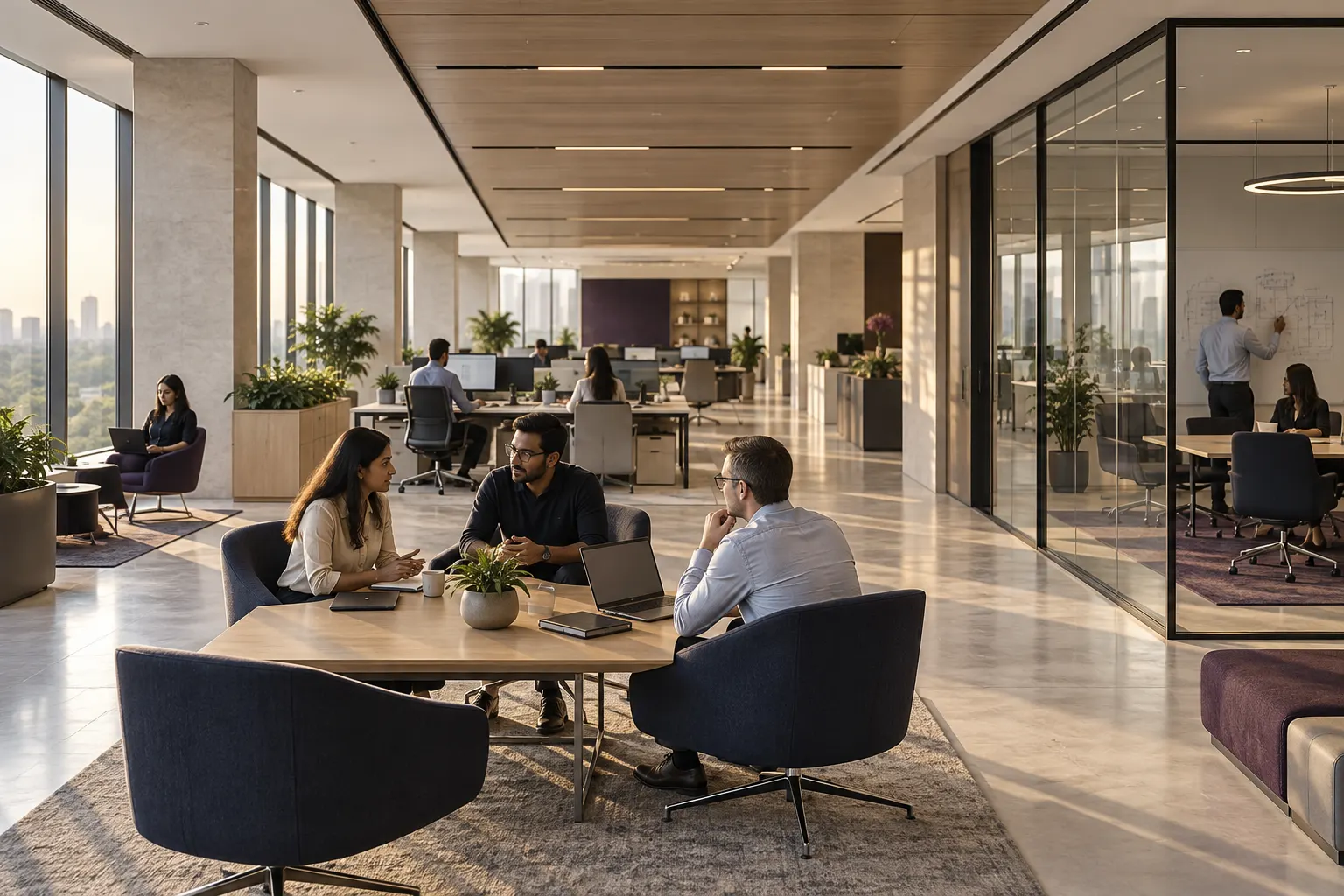 Teams at work across a bright office floor with enclosed focus rooms.