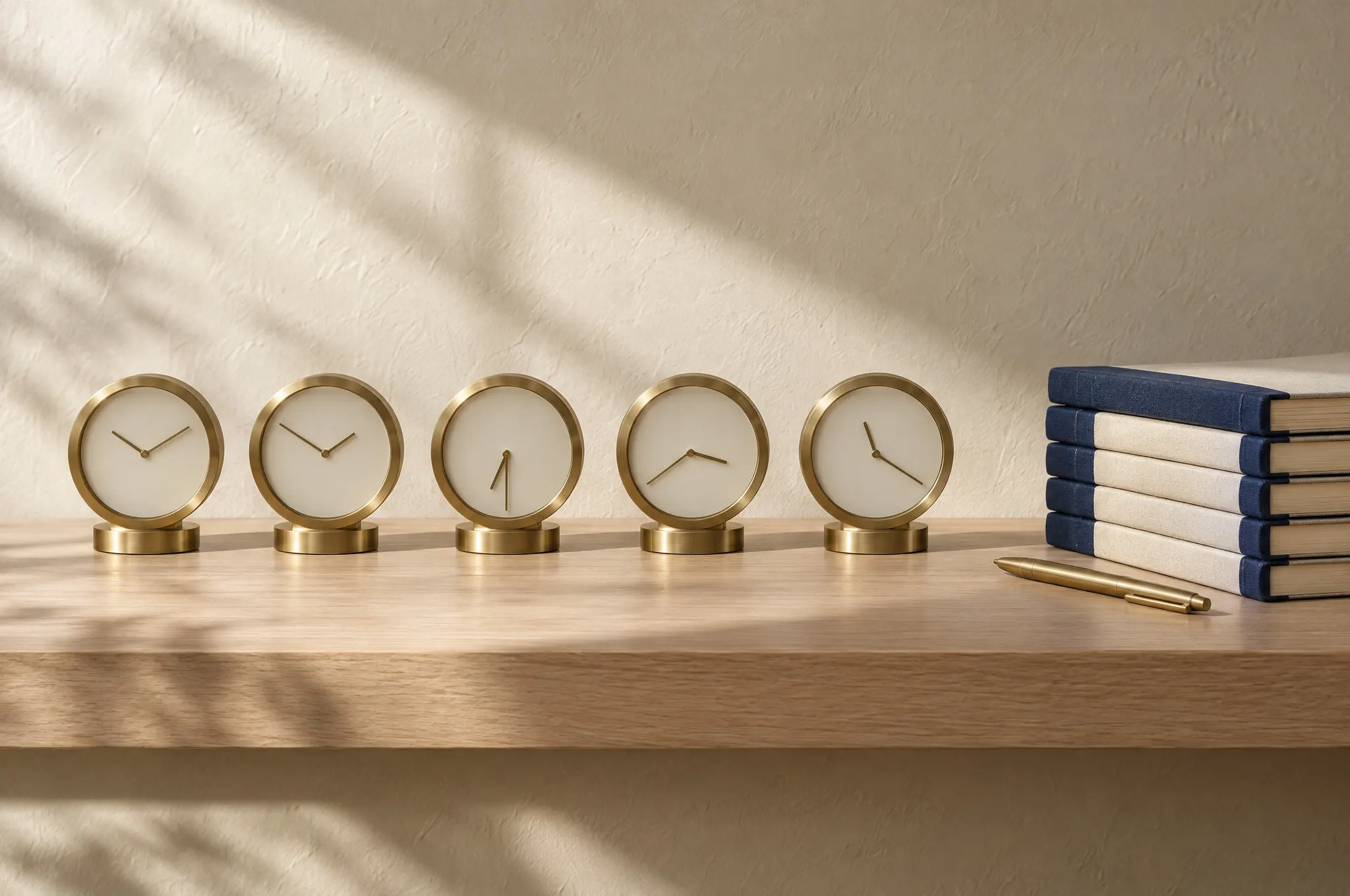 Illustrative still life of five brass desk clocks showing five different times.