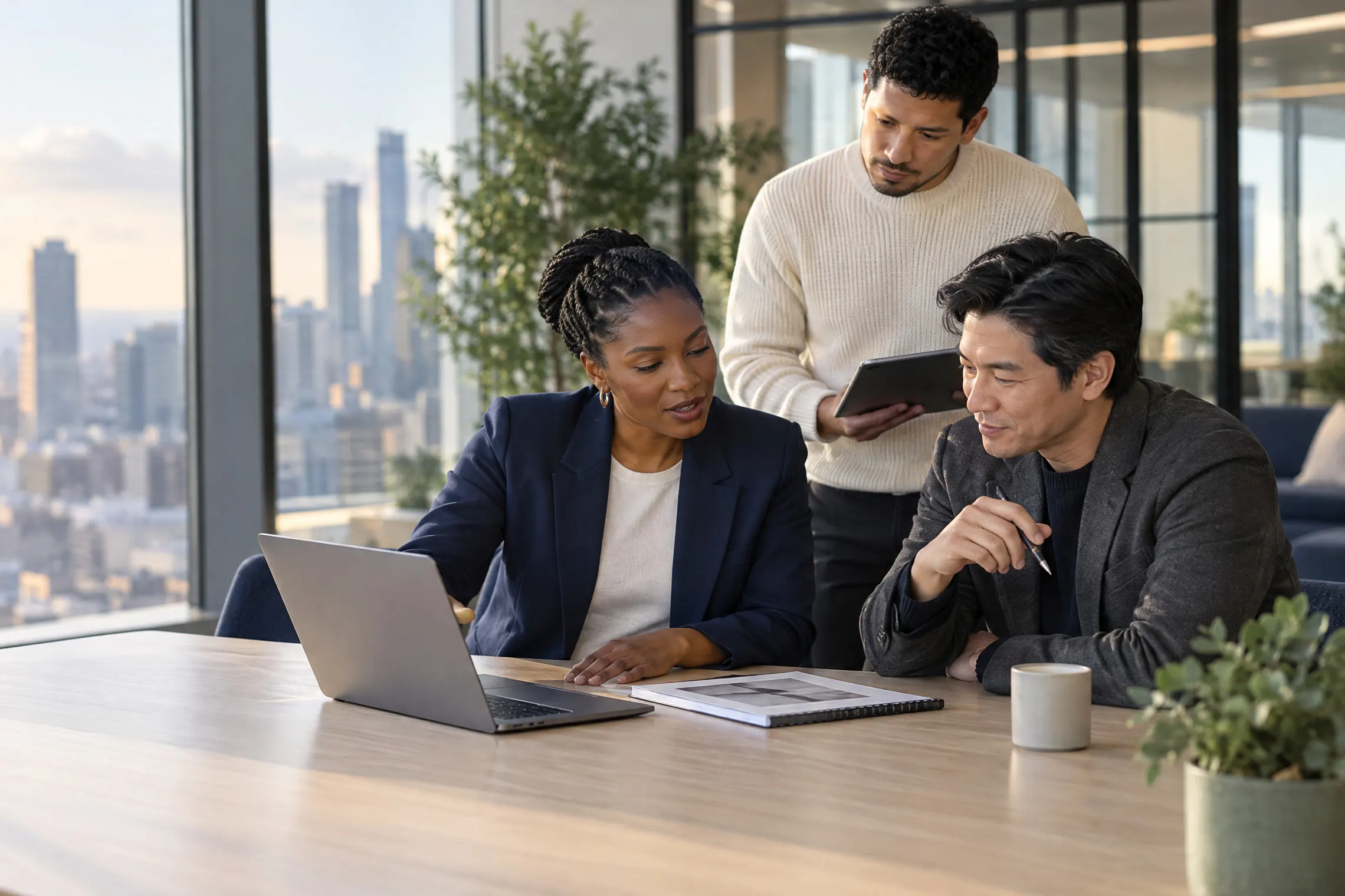 Illustrative scene of a project lead presenting finished work to a client at a table, with a colleague looking on.