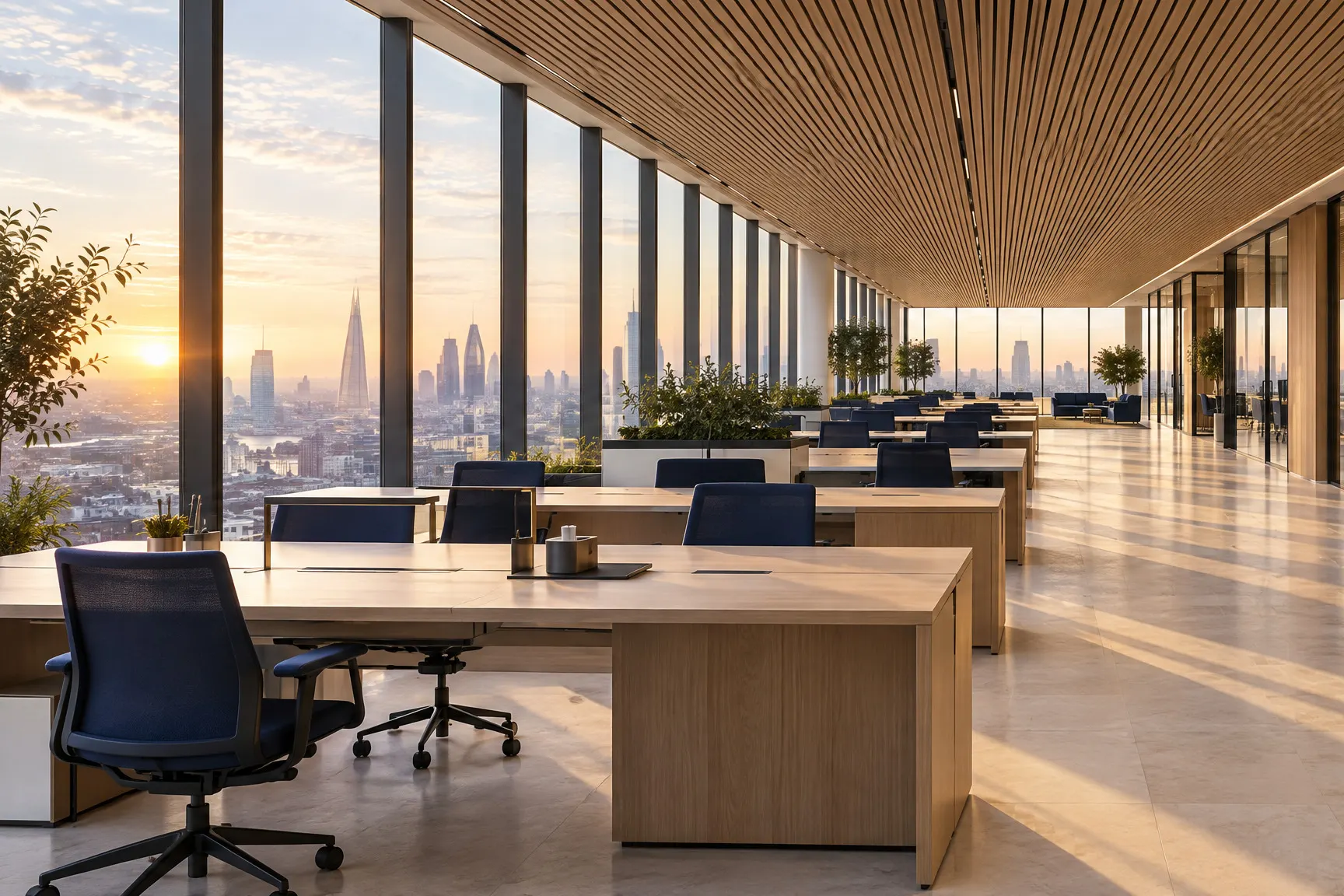 Illustrative office floor at first light, with desks set out and ready.