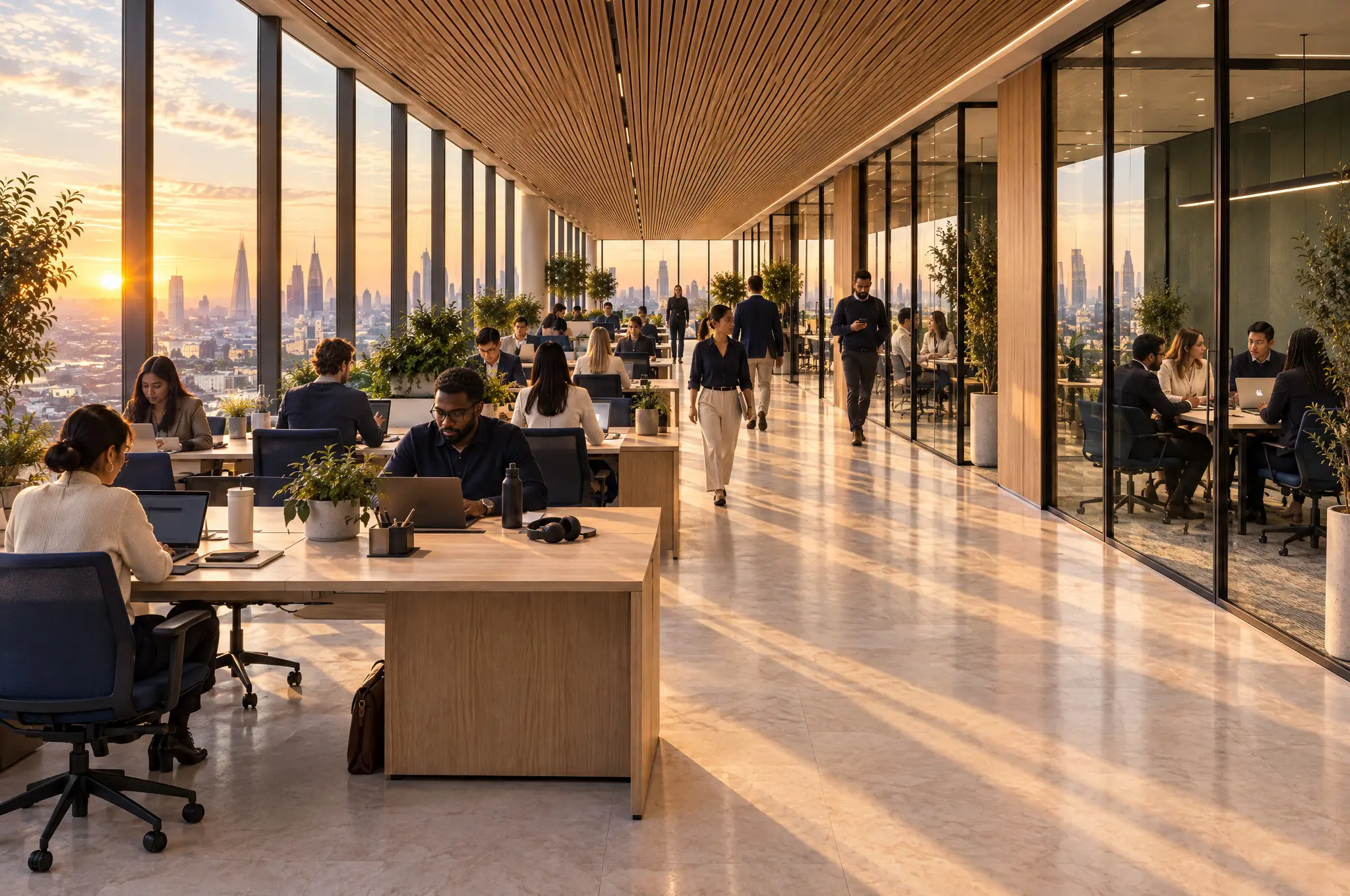 Illustrative office floor with teams at work along a wall of windows.