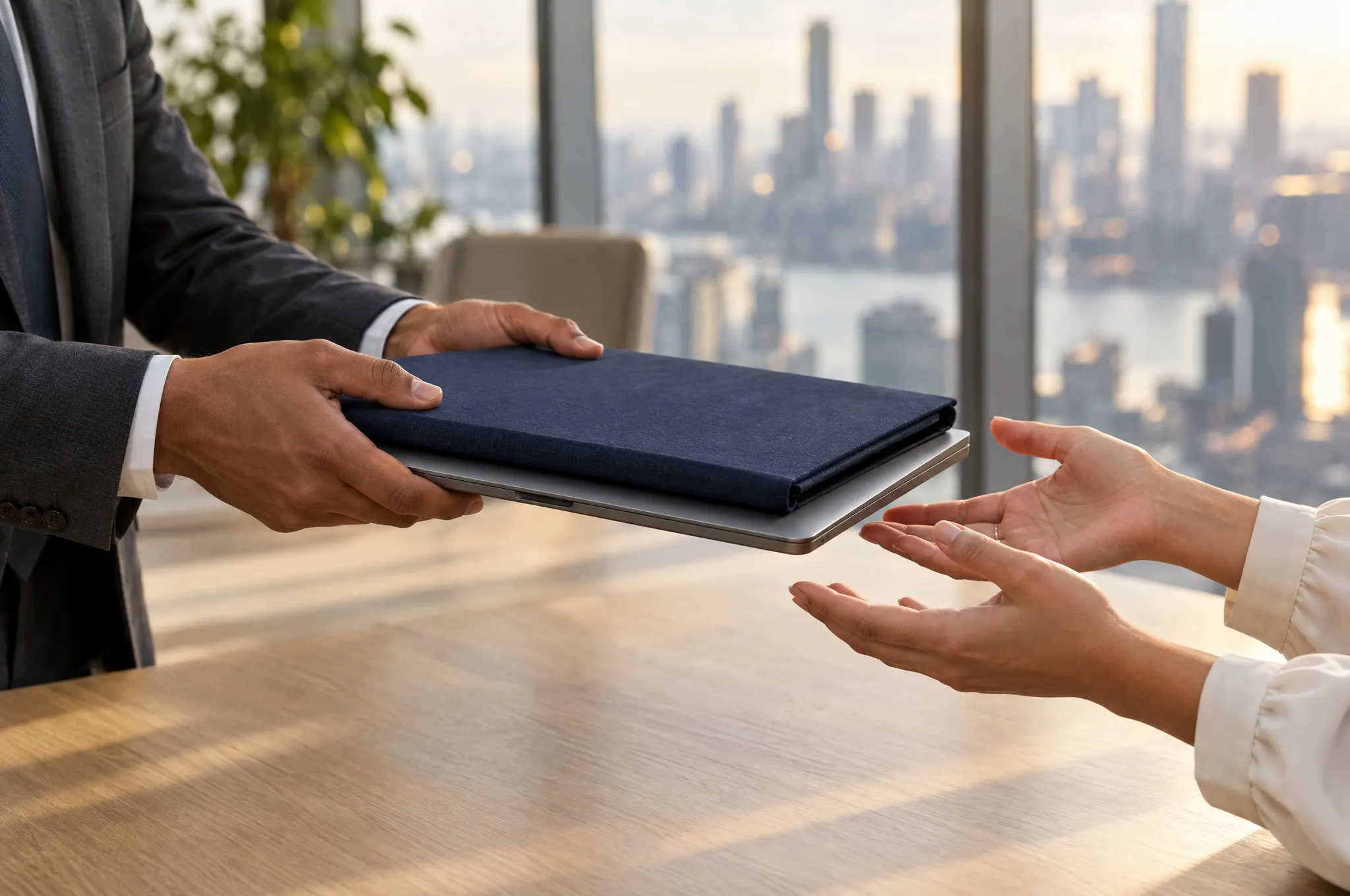 Illustrative scene of a bound folder and a laptop being passed from one person to another across a table.
