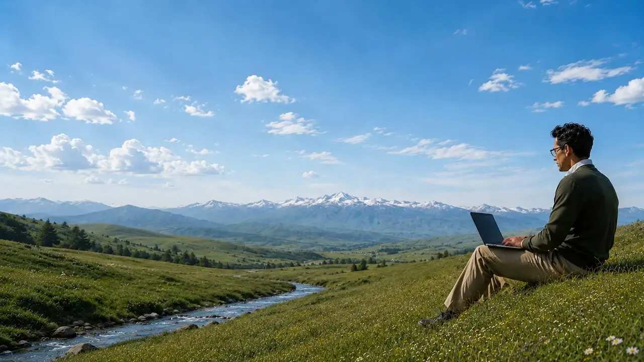 A person working on a laptop in an open meadow, with mountains in the distance.