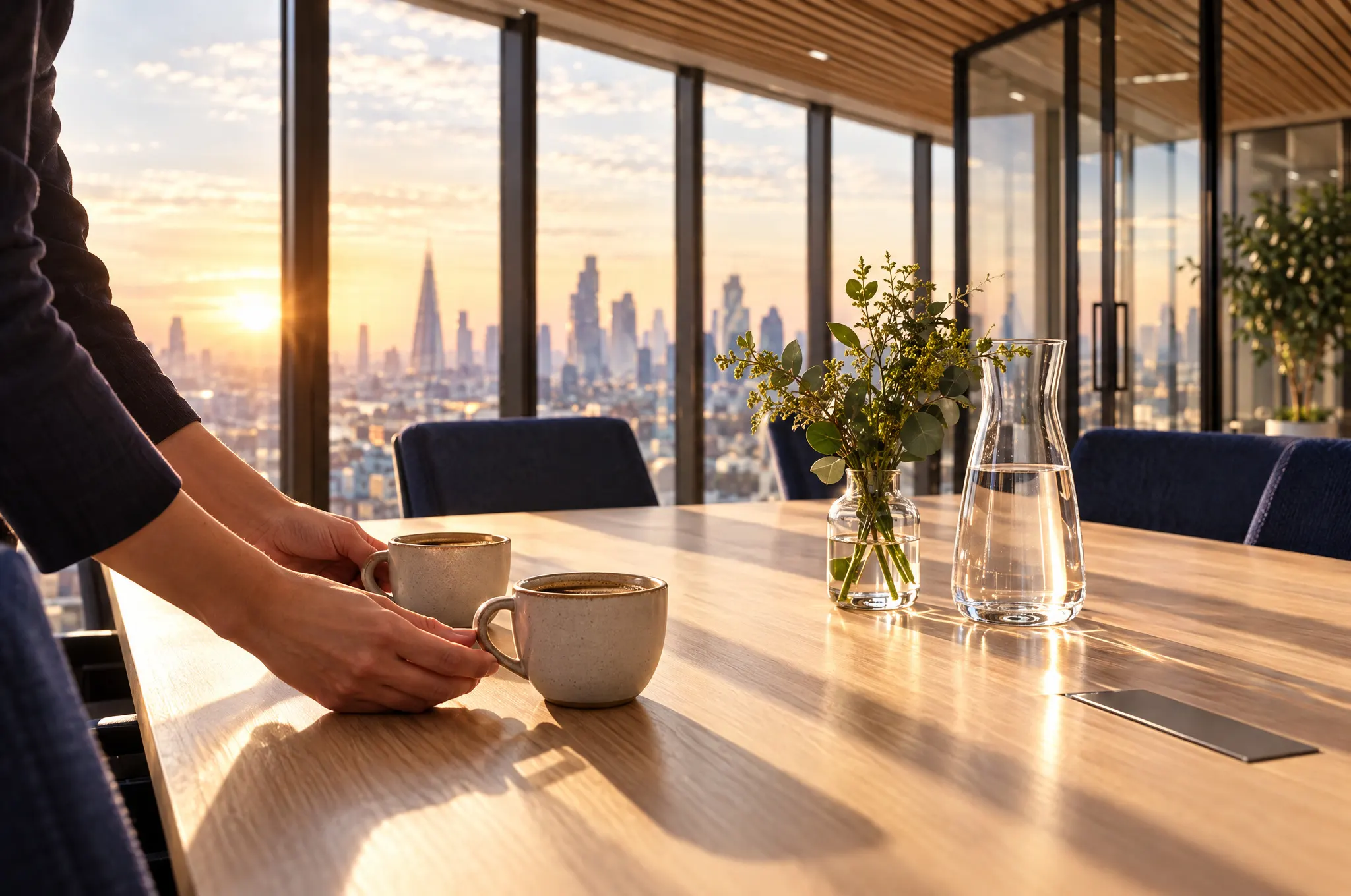 Illustrative scene of coffee being set down on a meeting table, with water and flowers.