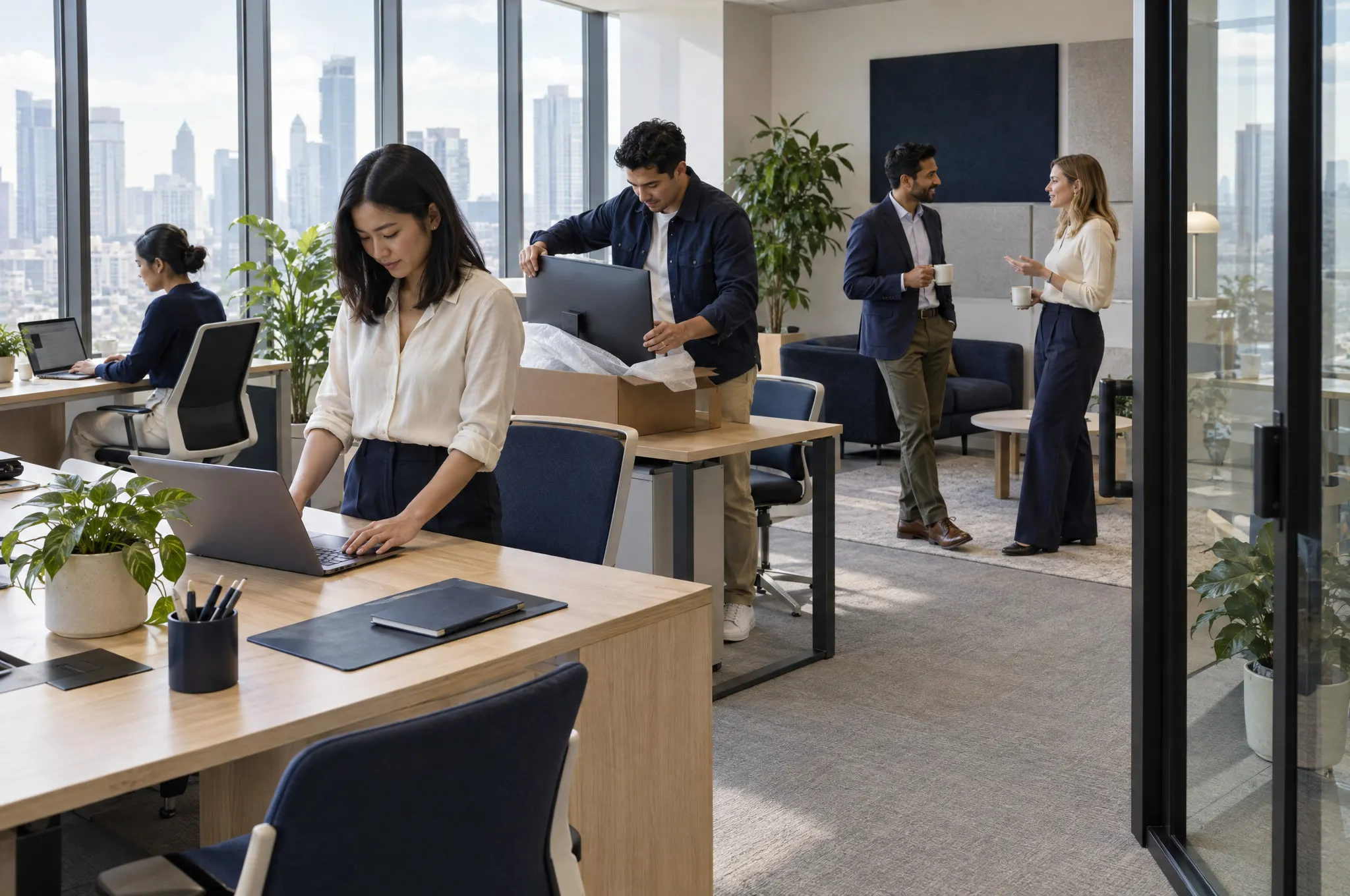 Illustrative scene of a team settling into a private office suite.