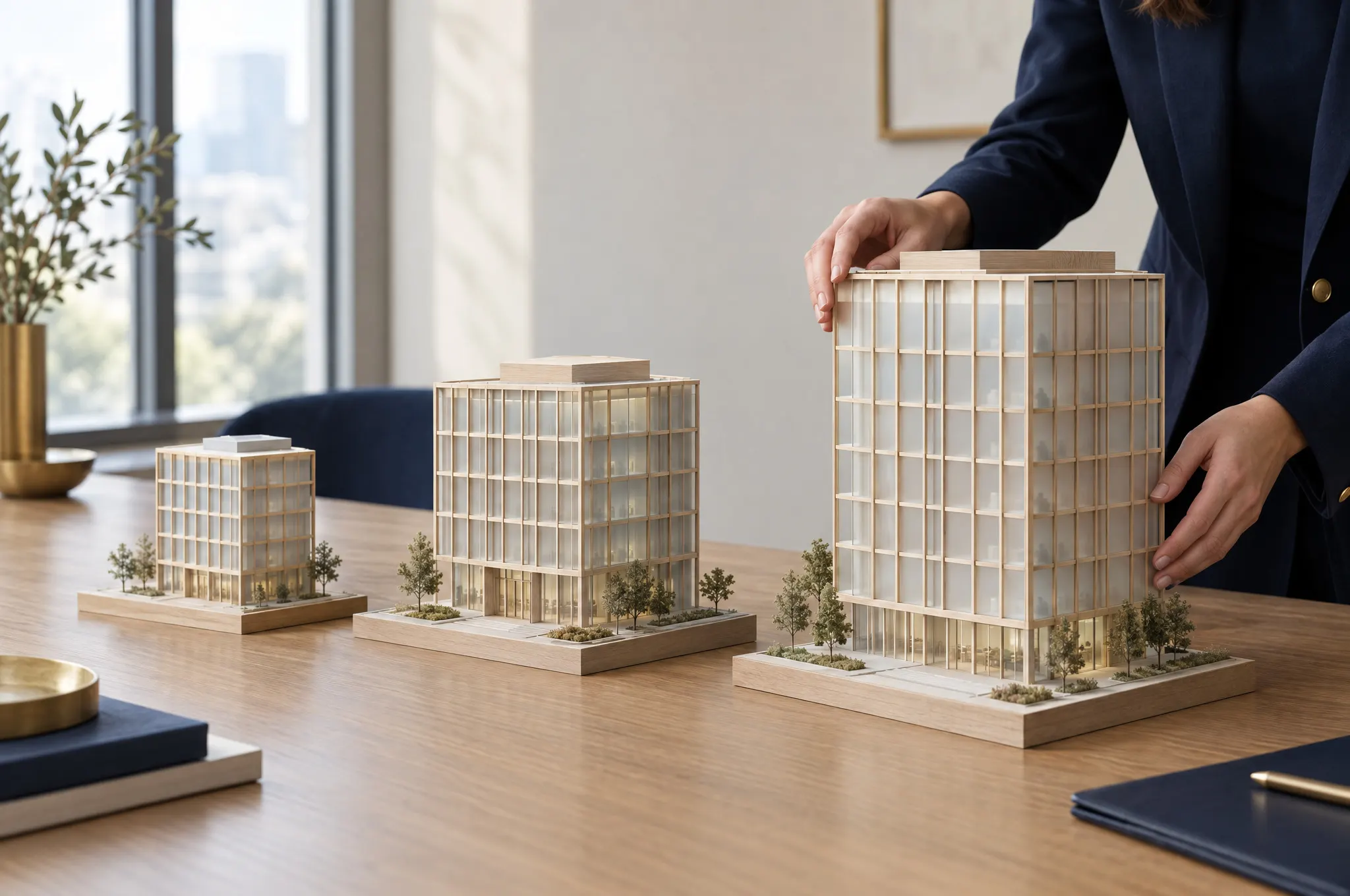 Illustrative scene of three architectural models of one building, from small to large, on a table.