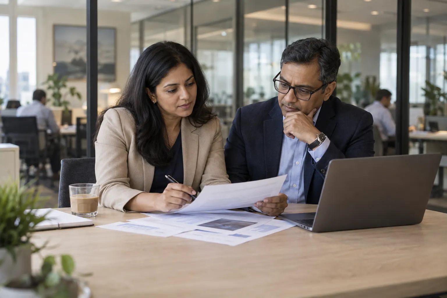 Illustrative scene of two operations professionals reviewing financial schedules.