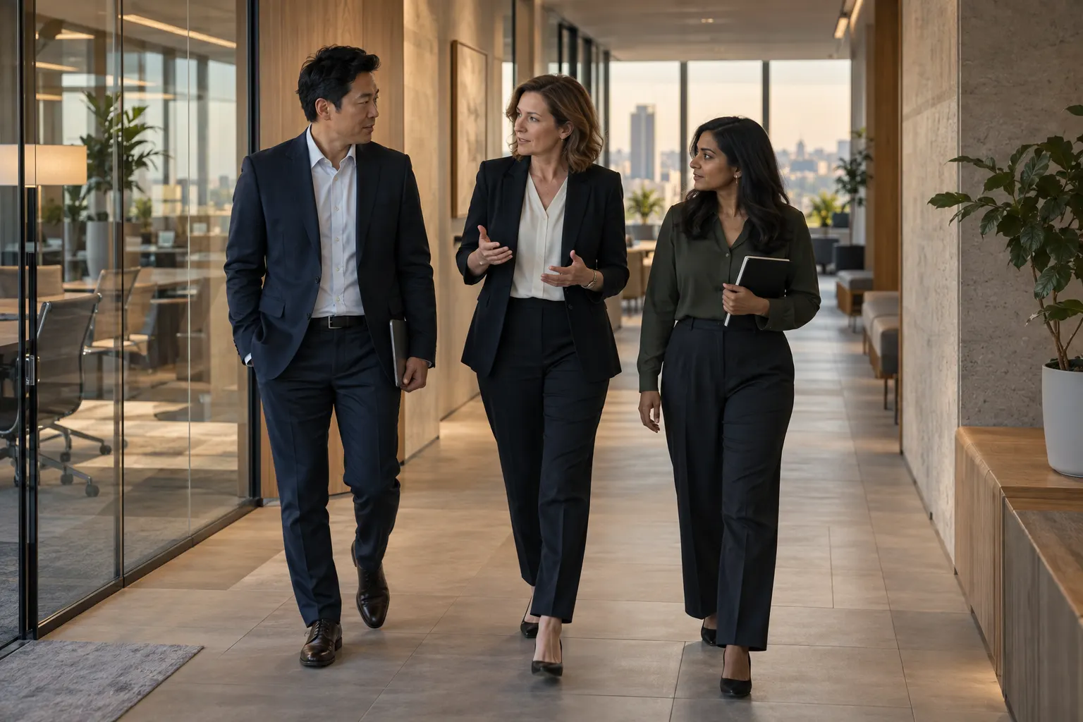 Three business leaders walking in conversation through an office corridor.