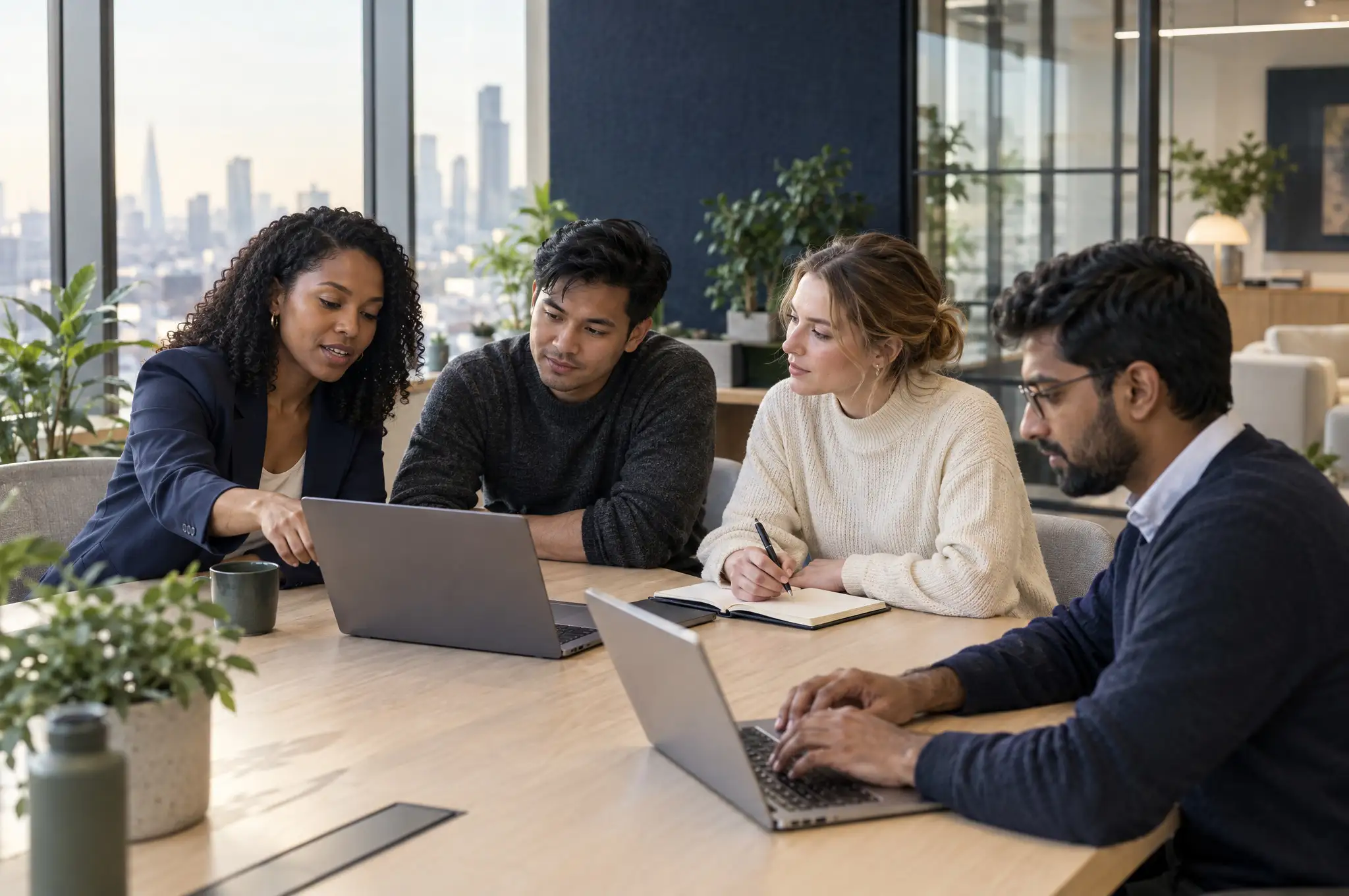 Illustrative scene of four professionals working together at a timber table.