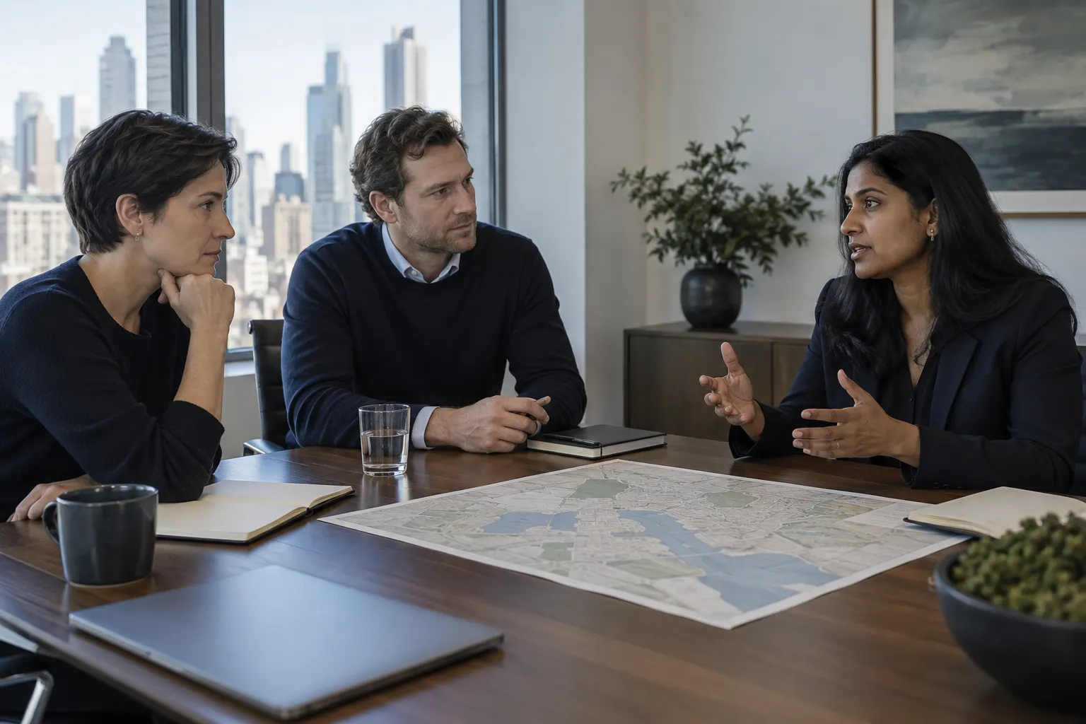 Three advisors reviewing a location map and investment plan in a meeting room.