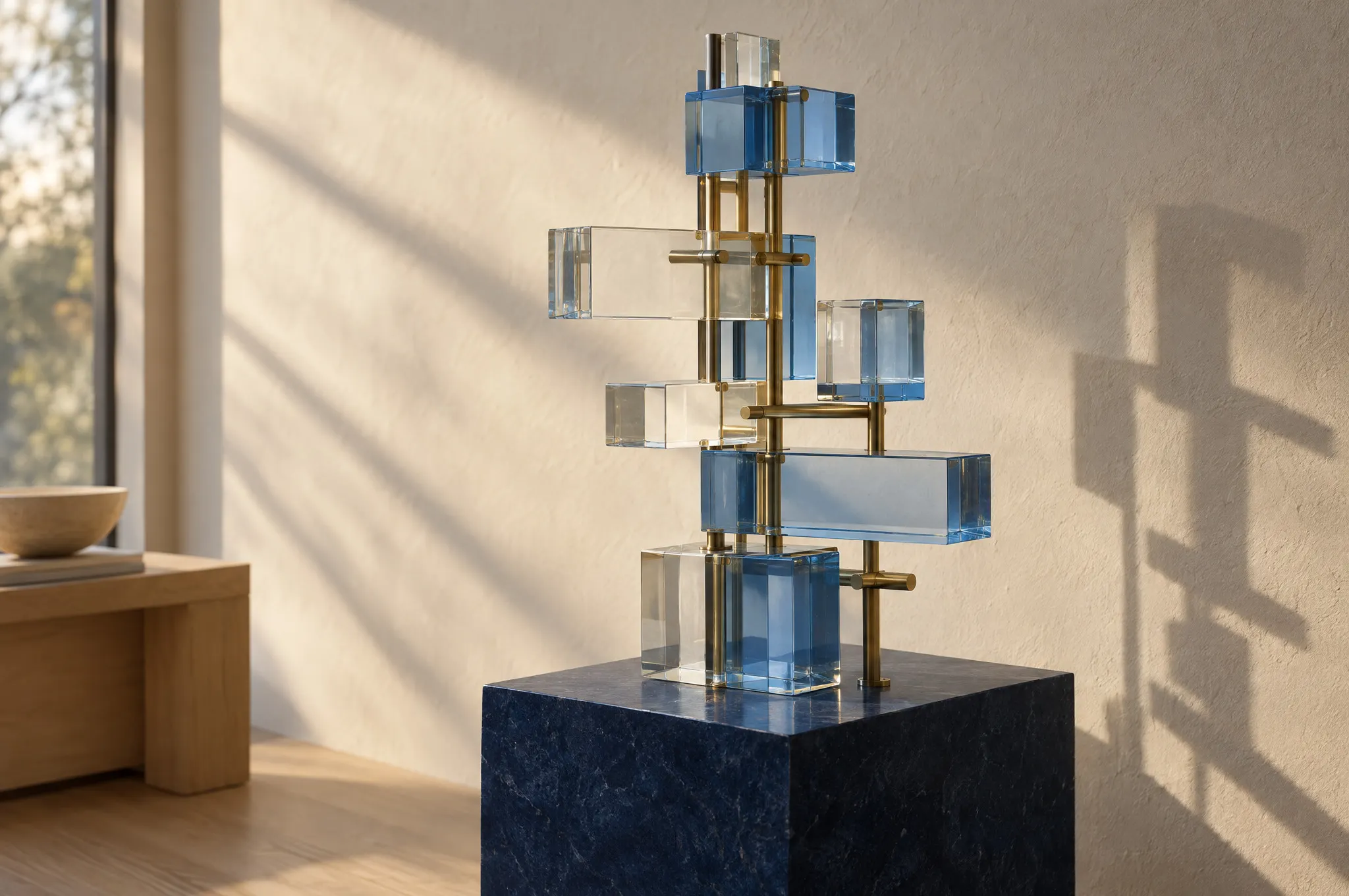 Illustrative sculpture of glass blocks joined by brass rods.