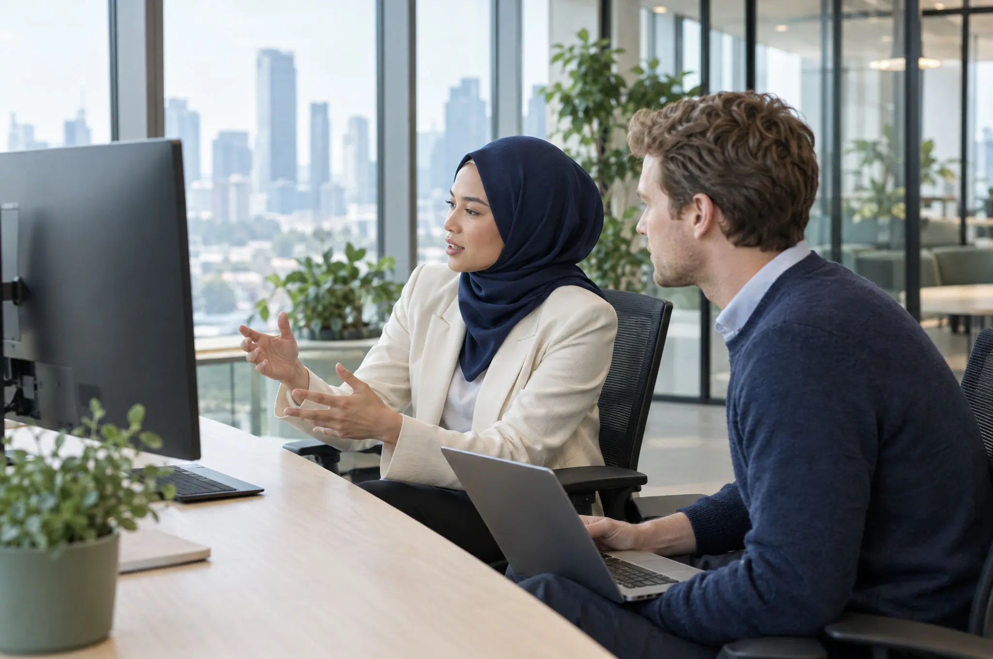 Illustrative scene of two technology specialists discussing work at a screen.