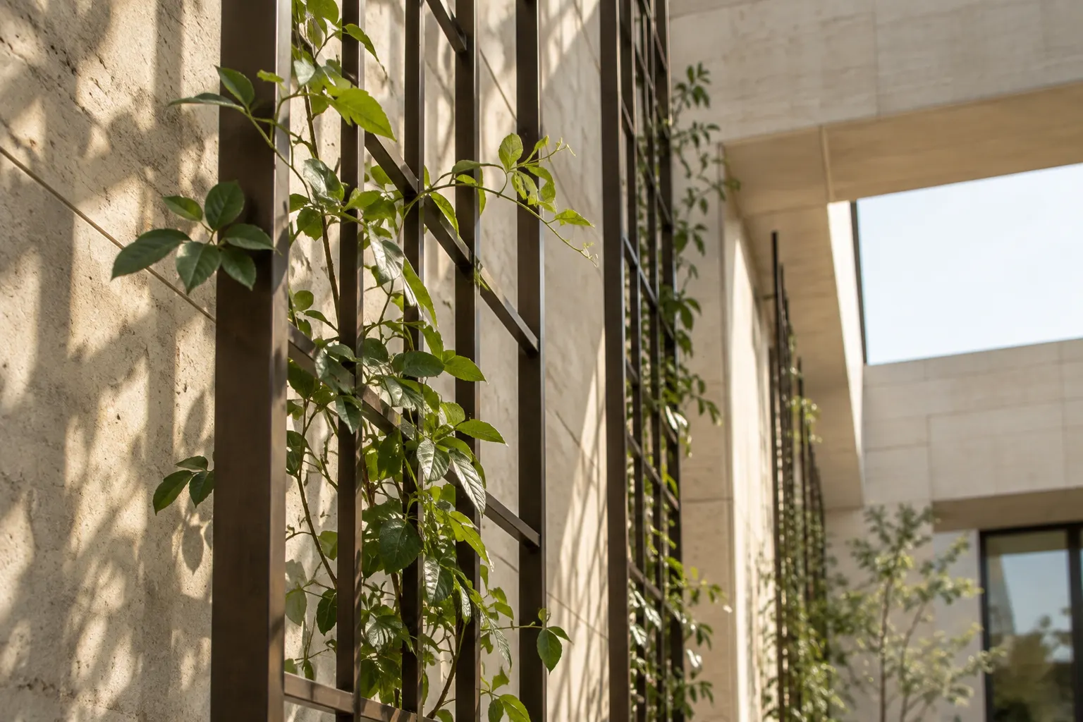 A climbing vine supported by a slender bronze trellis in a sunlit courtyard.