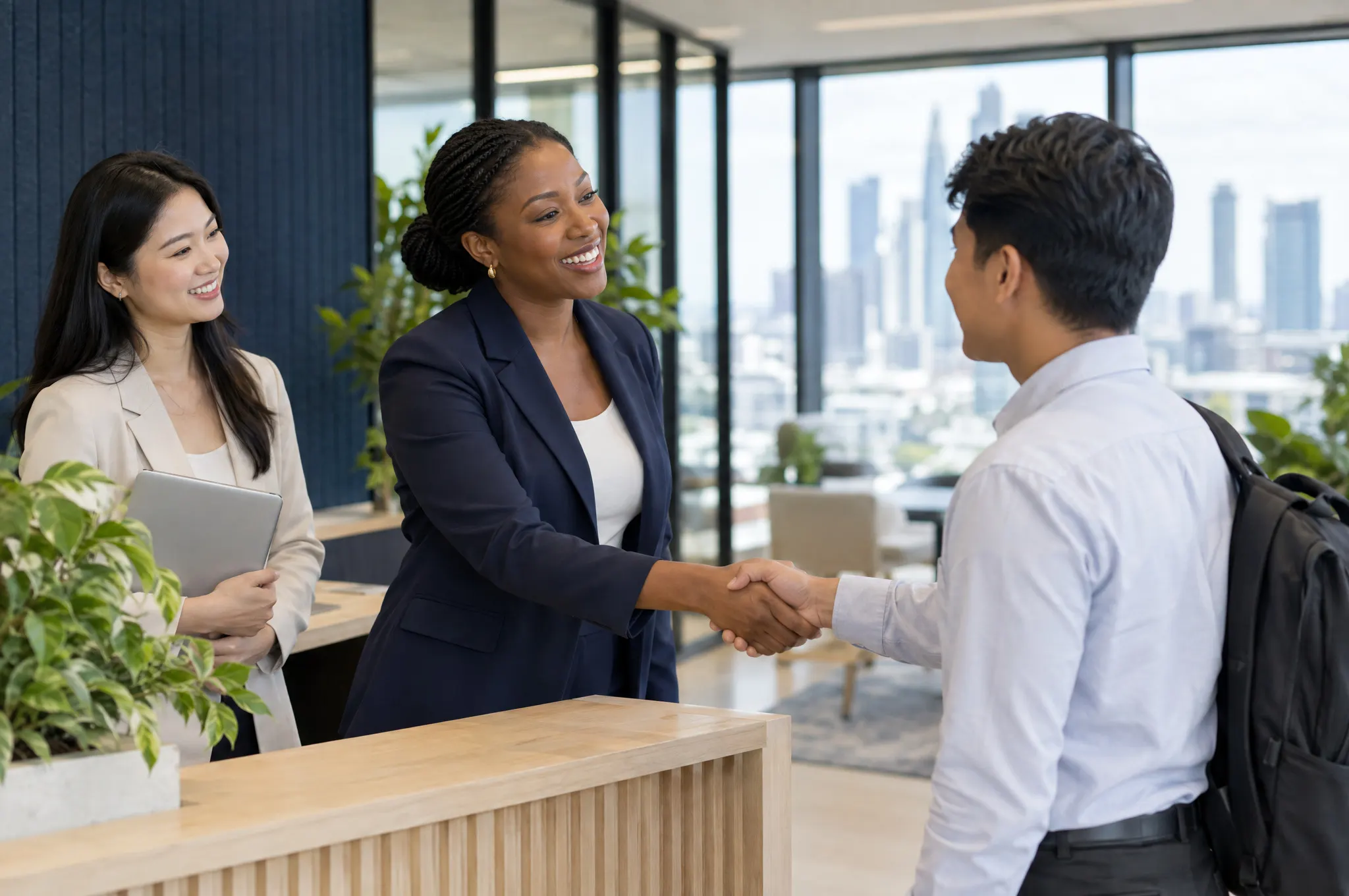 Illustrative scene of a new colleague being welcomed at a reception desk.
