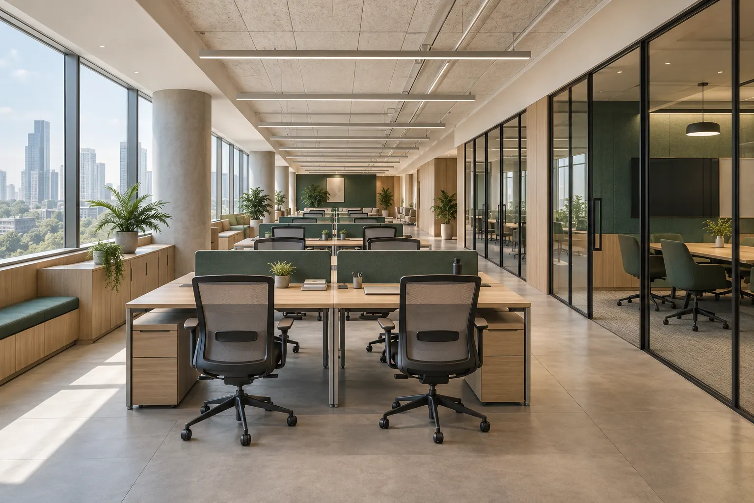 Illustrative managed workplace with oak desks, private meeting rooms, and natural daylight.